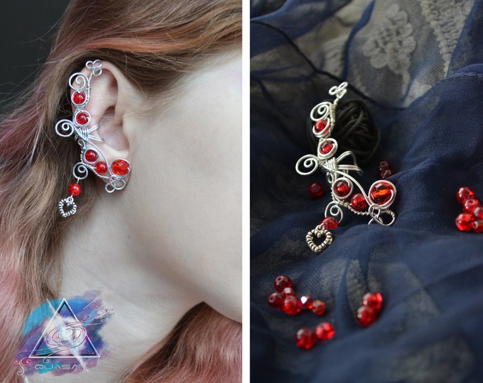 Ear cuff "red berries" / bright ear cuff, red jewelry, fairy ear cuff, summer jewelry, quasarshop