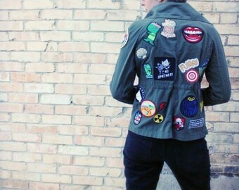 Army Green Patched Custom Upcycled Jacket, Women's Small