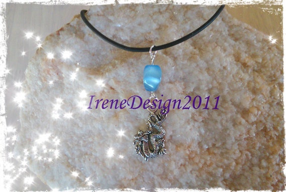 Handmade Leather Necklace with Blue Cat Eye & Dragon by IreneDesign2011