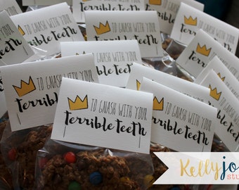 Where The Wild Things Are Favor Bag Toppers with FREE Matching Favor Sign - Terrible Teeth Favor Tags - Wild One Birthday Party Favor Tags
