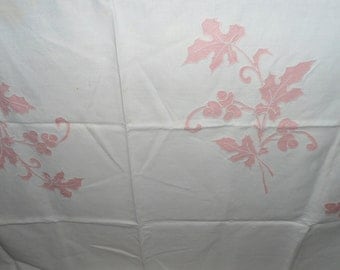 Cream and Pink Tablecloth from the 1950's - Great Condition - Possibly Linen - Embroidery - Rose
