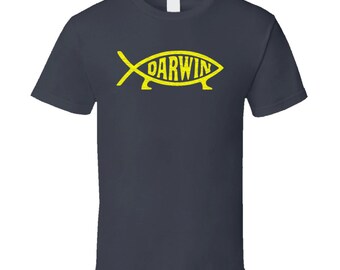 Yellow Darwin Fish Charcoal Gray T-shirt