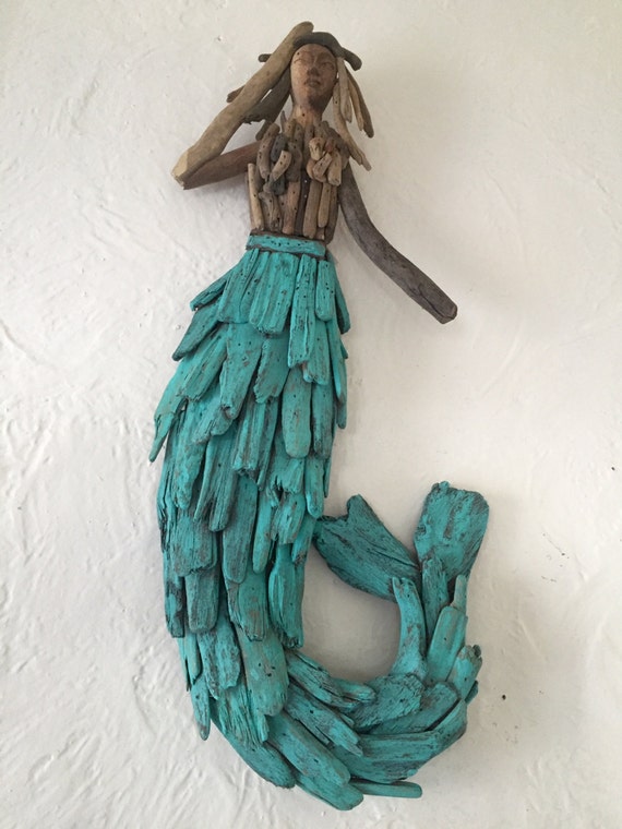 large 21 inch mermaid wall hanging turquoise drift wood