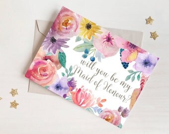 Will You Be My MAID OF HONOUR Card - Shabby Chic / Rustic / Floral / Vintage / Watercolour / Postcard Style