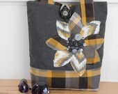 Womens Grey Fabric Tote Bag, Handmade Fabric Bag, Womens Shoulder Bag, Large Tote Bag, Travel Tote, Grey Shoulder Handbag, Plaid Womens Grey Fabric Tote Bag, Handmade Fabric Bag, Womens Shoulder Bag, Large Tote Bag, Travel Tote, Grey Shoulder Handbag, Plaid