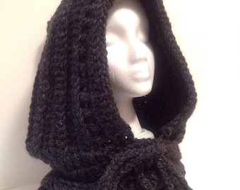 Mens or women's Dark gray hooded scarf hand knit Dark mori, woodland, forest, chunky knitted cowl, soft wool hood