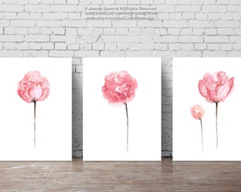 Peony Watercolor Painting Shabby Chic Home Decor, Abstract Flowers Art Print Light Pink Baby Girl Floral Nursery Room Set 3, Flower Wall Art