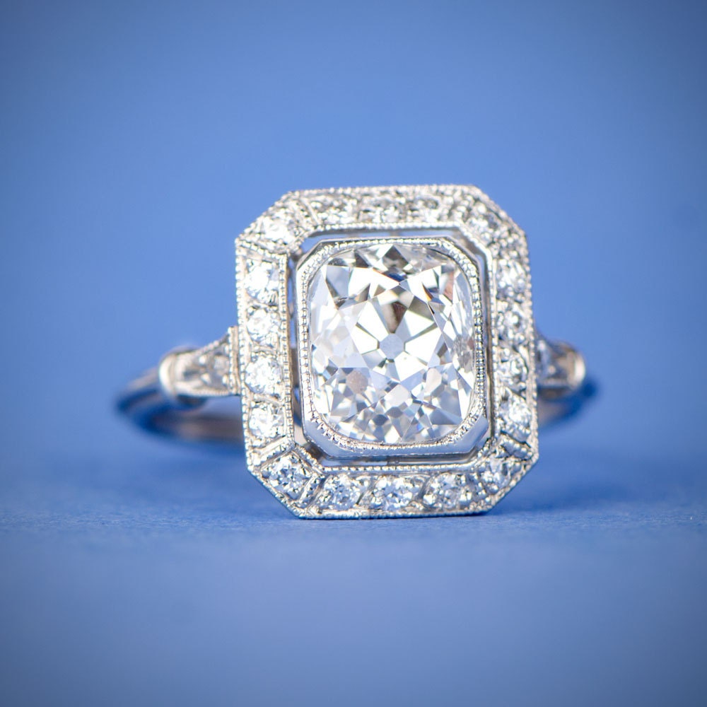 2.35ct Antique Cushion Cut Diamond Halo Engagement Ring