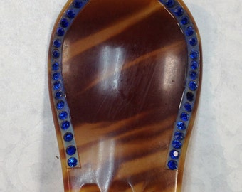 Celluloid Faux Tortoise Shell Hair Comb w/Blue Rhinestones