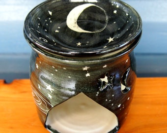 Oil Burner, room fragrance diffuser, black night moon and stars incised tealight holder, starry night oil burner, stoneware