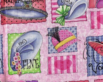 Pink French Hat Print Cotton Fabric / Joy Hall Design / 1.5 yards