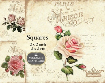 French Maison Roses Squares 2x2 inch Download digital collage sheet TW139 Redoute Victorian Rose