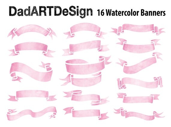 Pink Watercolor Ribbon Banners, hand drawn, 16 PNG HiRes files ready to use