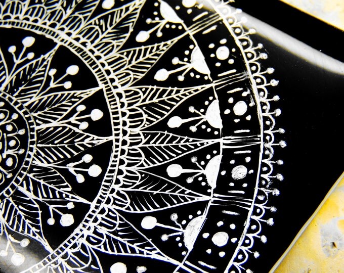 Fused glass art mandala. Silver on black ethnic plaque. Wall art. Unique glassware artwork. Gifts for her him. Wedding housewarming gift