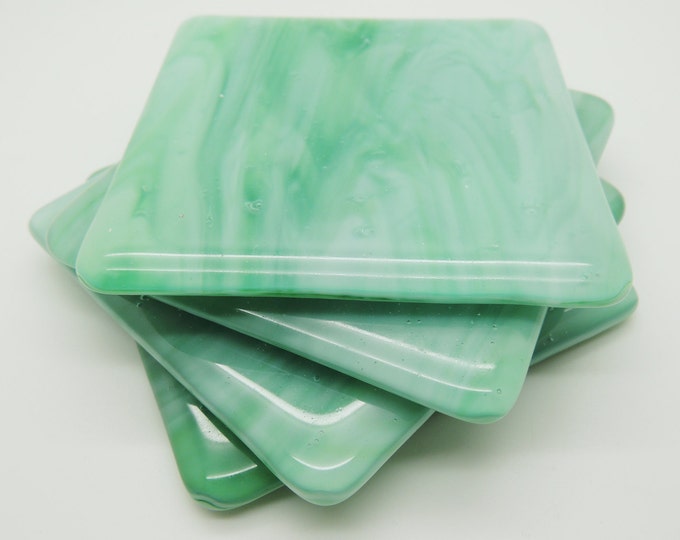 Green blue fused glass coaster set. Handmade giftware. Conservatory Wedding anniversary, birthday, housewarming, unique leaving gift ideas.