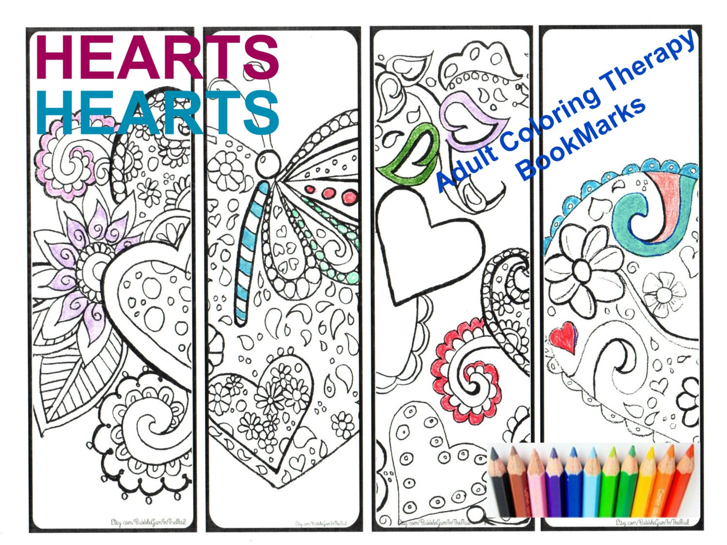 coloring bookmarks adult kids hearts butterflies calming