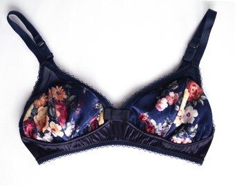 Velvet bra, floral and blue bralette "Brandy", see-through cups, satin lingerie, sheer mesh bra, women underwear, comfy cut, floral bralette