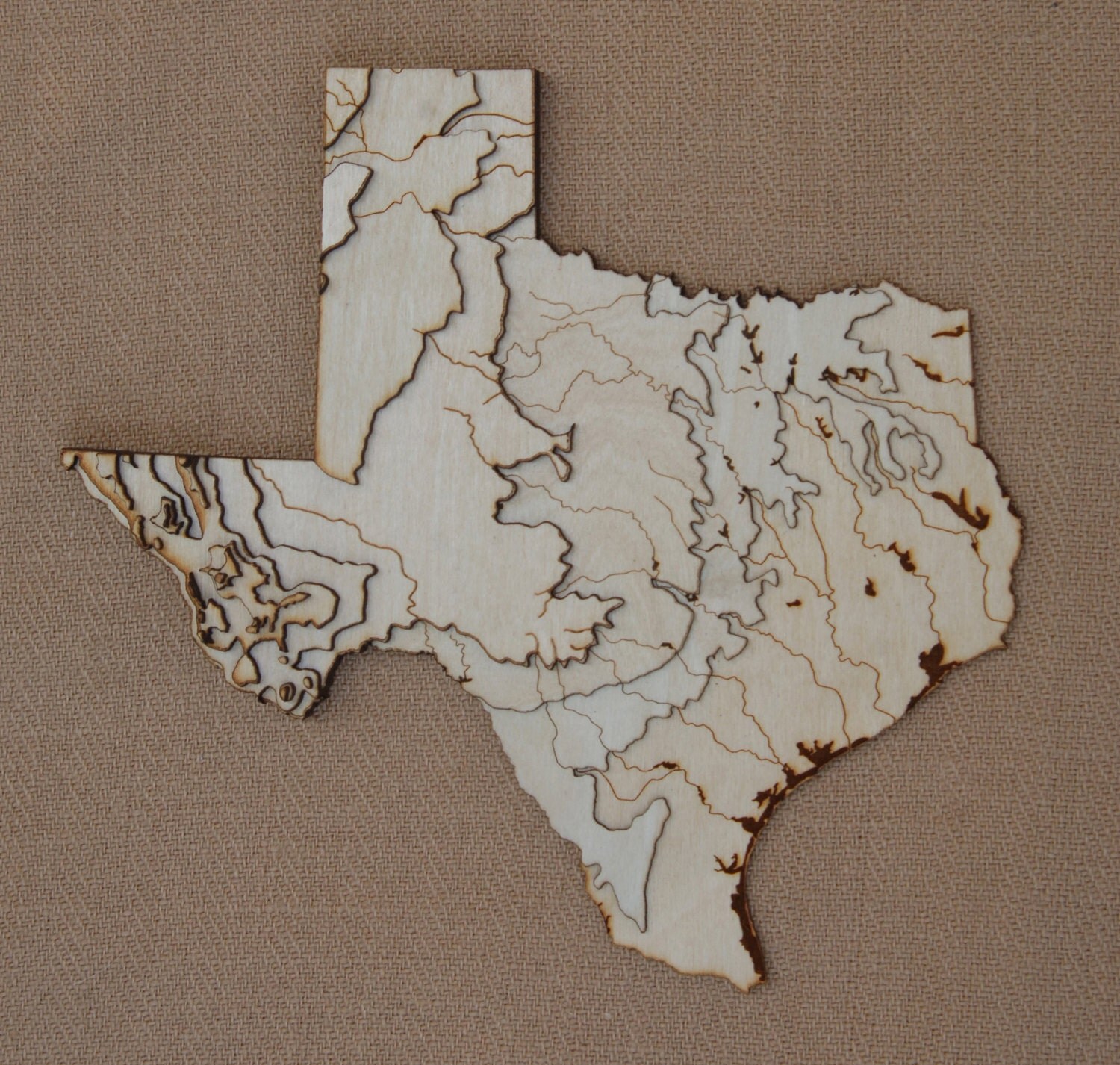 3D Texas map wooden lasercut map showing topography