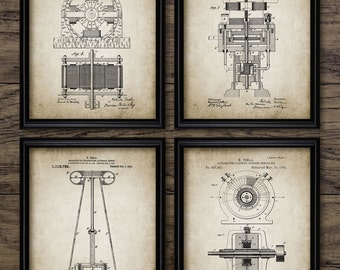 Tesla Patent Print Set Of 4 - Tesla Electromagnetic Motor - Nikola Tesla Design - Engineering - Set Of Four Prints #1204 - INSTANT DOWNLOAD