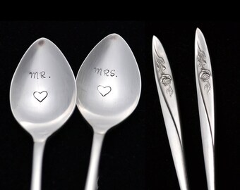 Stamped Iced Tea Spoon Mr Mrs Spoons Something Old Wedding Engagement Silverware Morning Rose Silver Plate Vintage Romantic Gifts