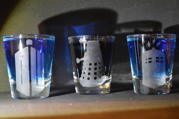 Dr. Who etched shot glass set of 3 fan art