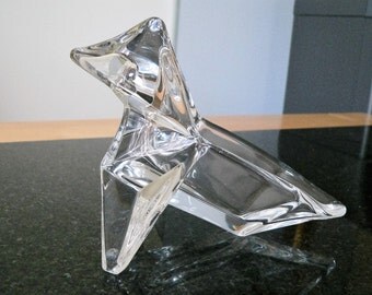 Vintage French Pierre D' Avesn - cocotte en papier en verre - Vannes ART Le Chatel crystal glass origami dog animal dish -Signed P D AVESN