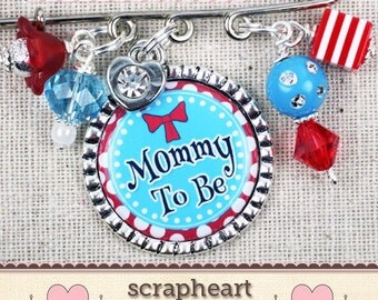 Mommy To Be Pin, PERSONALIZED Grandma To Be Pin, New Nana Grammy Gift, Teal and Red Baby Shower, Aunt To Be Pin, Baby Shower Name Tags