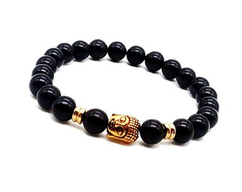 Mens Bracelet, Mens Bracelet Gold, Buddha Bracelet, Buddha Mens Beaded Bracelet, Gold Buddha Charm, Spiritual Jewelry, Black Onyx Bracelet
