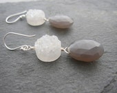 Large Briolette Earrings, White Druzy Coins, Gray Chalcedony Briolettes, Sterling Silver