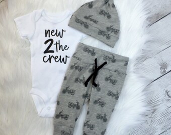 going home outfit, new to the crew, Newborn boys, coming home outfit, new baby set, motorcycle set