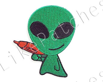 Iron on Patch - Alien Patch - Green Alien & Orange Gun New Sew / Iron On Patch Embroidered Applique Size 6.2cm.x7.4cm.