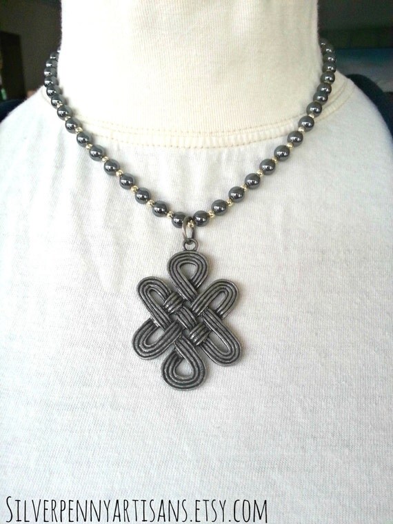 Celtic Knot Necklace/ Gunmetal Beaded Necklace/ Upcycled
