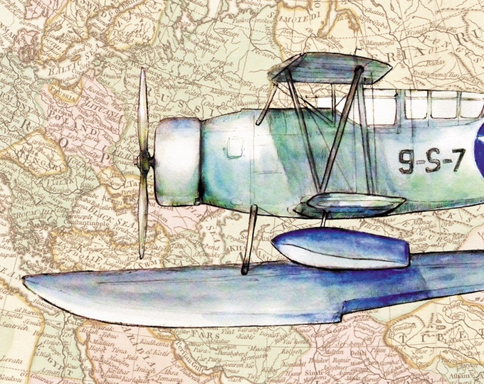 Airplane on vintage world map prints Military airplanes watercolor Prop aircrafts Set 6 prints Retro airplane decor Boy's nursery wall art