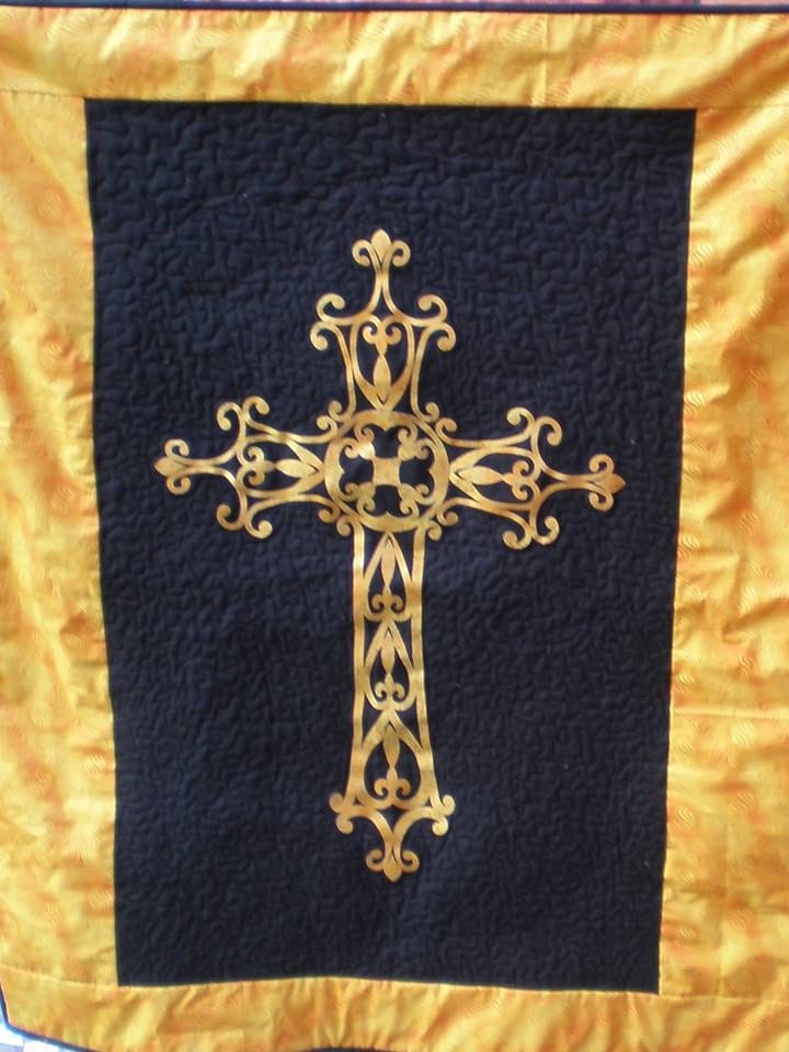 Golden applique Celtic cross small quilt lap quilt wall