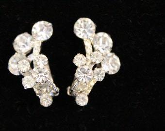 Vintage Clear Rhinestone Three-Dimensional Prong Set Clip Earrings