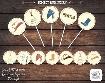 COWBOY and INDIAN Cupcake Toppers! Instant Digital Download