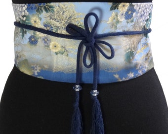 Obi belt in printed japanese cotton and cordon with pompons