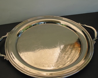 Elegant Vintage Chrome Platted Serving Tray With Silver Metal Handles And Etched Swirl Designs