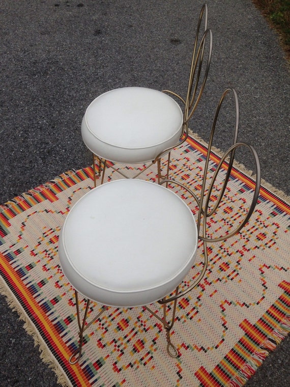 HOLD Stephanie Brass Wire cafe chairs in white vinyl pair