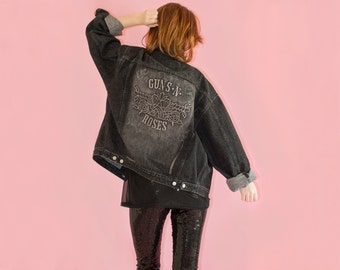 Guns n Roses Jacket Signed 90s Vintage Unisex Mens Womens L Oversized Black Faded Denim