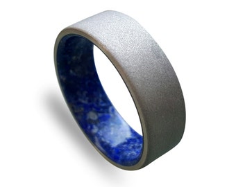Sand Blasted Stainless Steel Ring with Lapis Lazuli