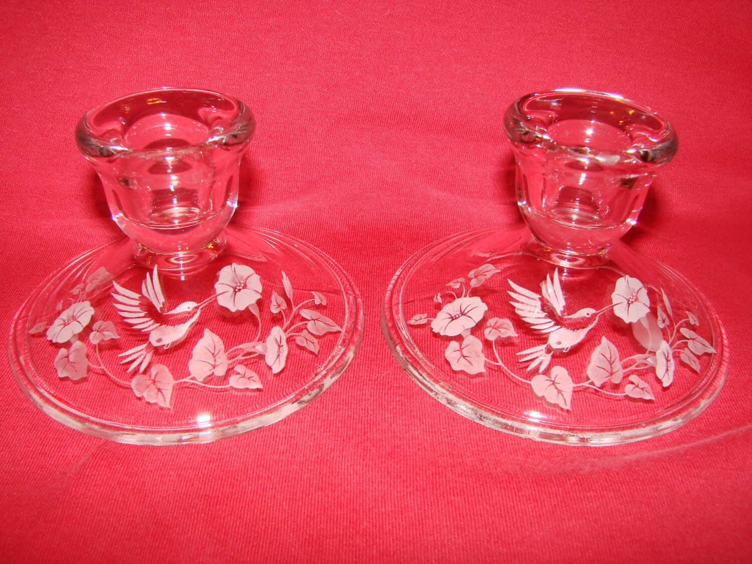 Pair Of Vintage Clear Glass Candle Holders With Hummingbird