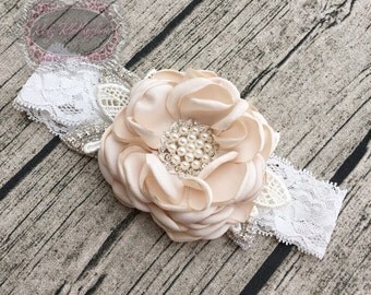 Wide Lace Flower Headband with Pearl & Rhinestone Center Rhinestone Beaded Leaves Newborn Baby Girl Adult Headband