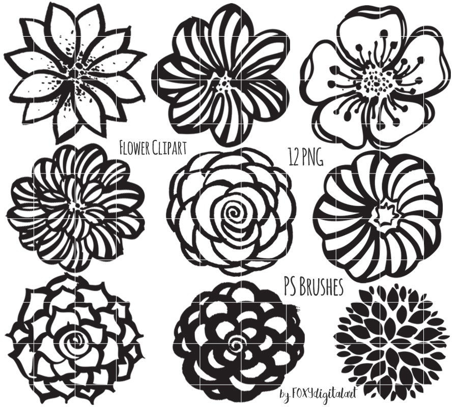 Flower Clipart Hand Drawn Flower Outline Digital by FOXYdigitalart