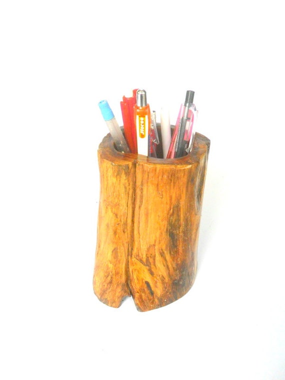 Rustic log pencil holder Natural Teak Wood log pen holder