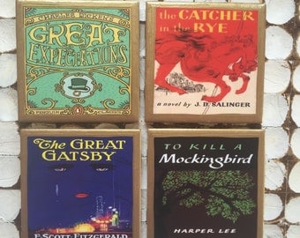 COASTERS!! The classic book coasters with gold trim. The Catcher in the Rye, To kill a Mockingbird, The Great Gatsby and Great Expectations
