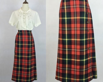 Dunedin Tartan Check Wool Long Pleated Skirt Made in Scotland Women's L size /eaa524945