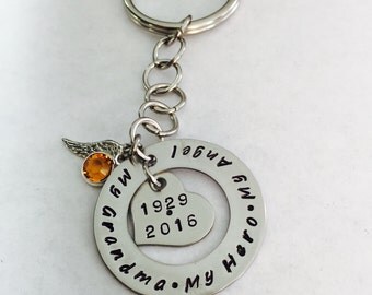 My Grandma/ Grandpa My Hero My Angel Personalized Stainless Steel Memorial Key Chain-Remembrance Key Chain-Memorial -Loss Of Loved One
