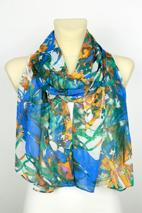 Floral Fashion Scarf - Blue Fabric Scarf - Women Printed Shawl - Unique Boho Scarf - Spring Accessories - Gift for women - Valentines Gift