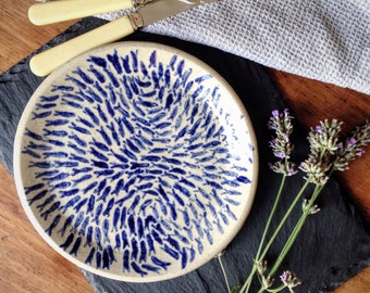 Ceramic handpainted handmade plate~ shoal of fish~ white and blue side plate~ earthenware serving plate~ ceramics and pottery